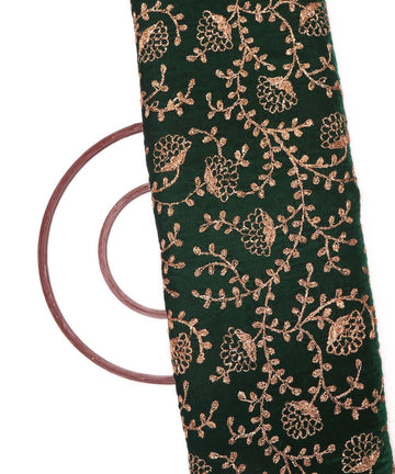 bottle green colour floral zari embroidery velvet fabric